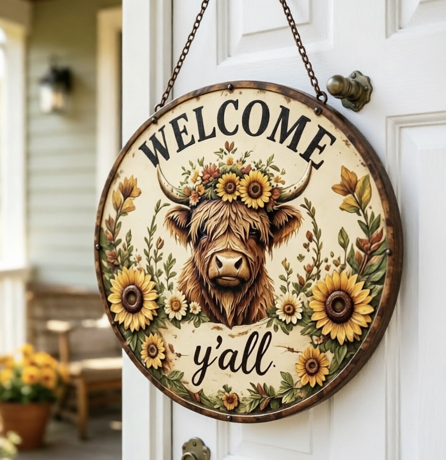 🌻 Highland Cow Sunflower Metal Welcome Sign​