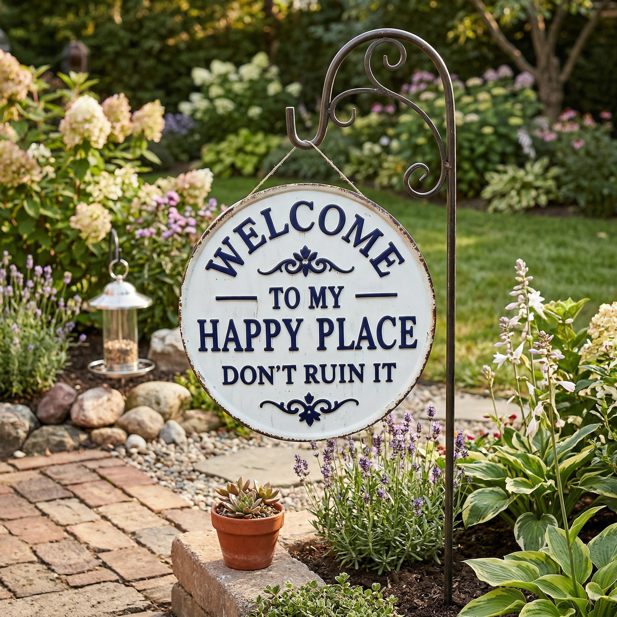 Vintage Round Metal Sign – “Welcome to My Happy Place Don’t Ruin It” Garden Wall Decor