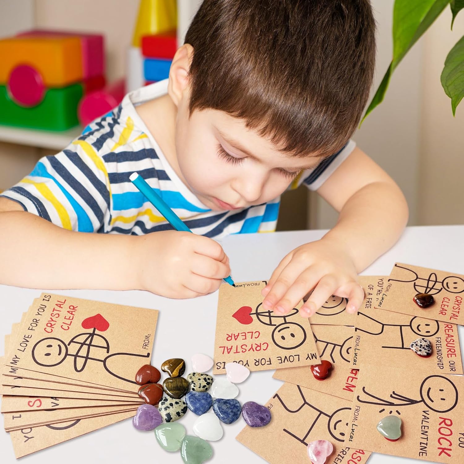 💖Valentines Day Gifts for Kids - 24 Pack Valentines Cards with Heart-Shape Crystals