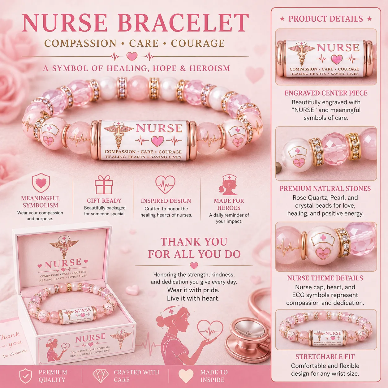 💖 Nurse Compassion Care Courage Beaded Bracelet🩺