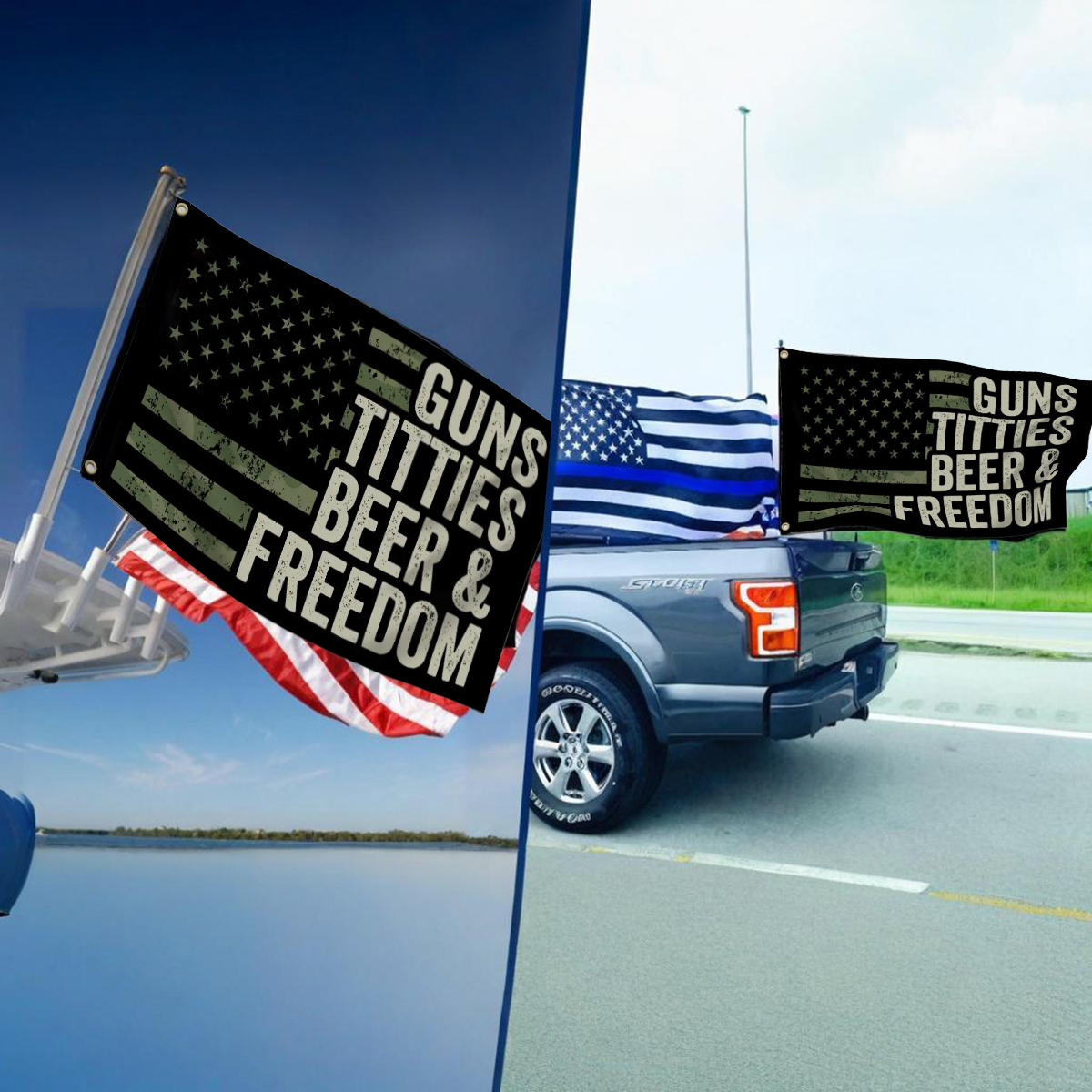 🎁Guns Titties Beer & Freedom - Funny Drinking USA Flag🍻