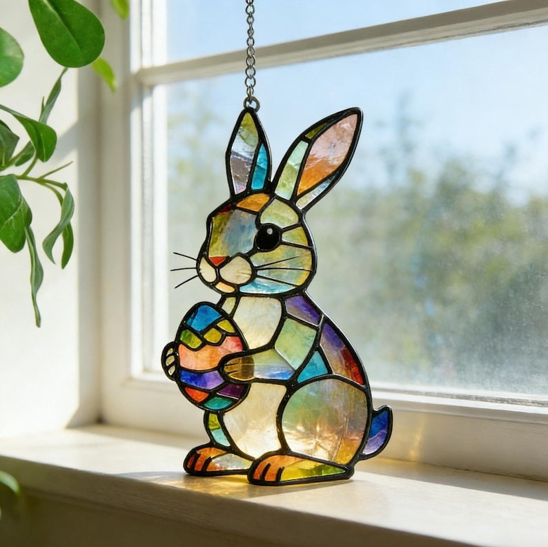 Hand-Painted Bunny Egg Suncatcher Stained Glass Easter Rabbit Ornament Birthday Gift