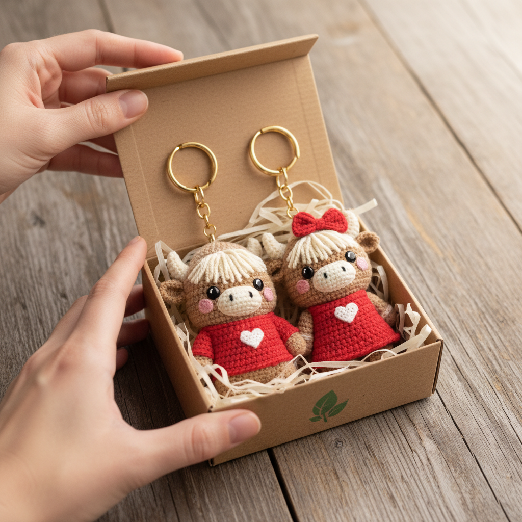 Handmade Highland Cow Couple Keychains - Romantic Crochet Bag Charm