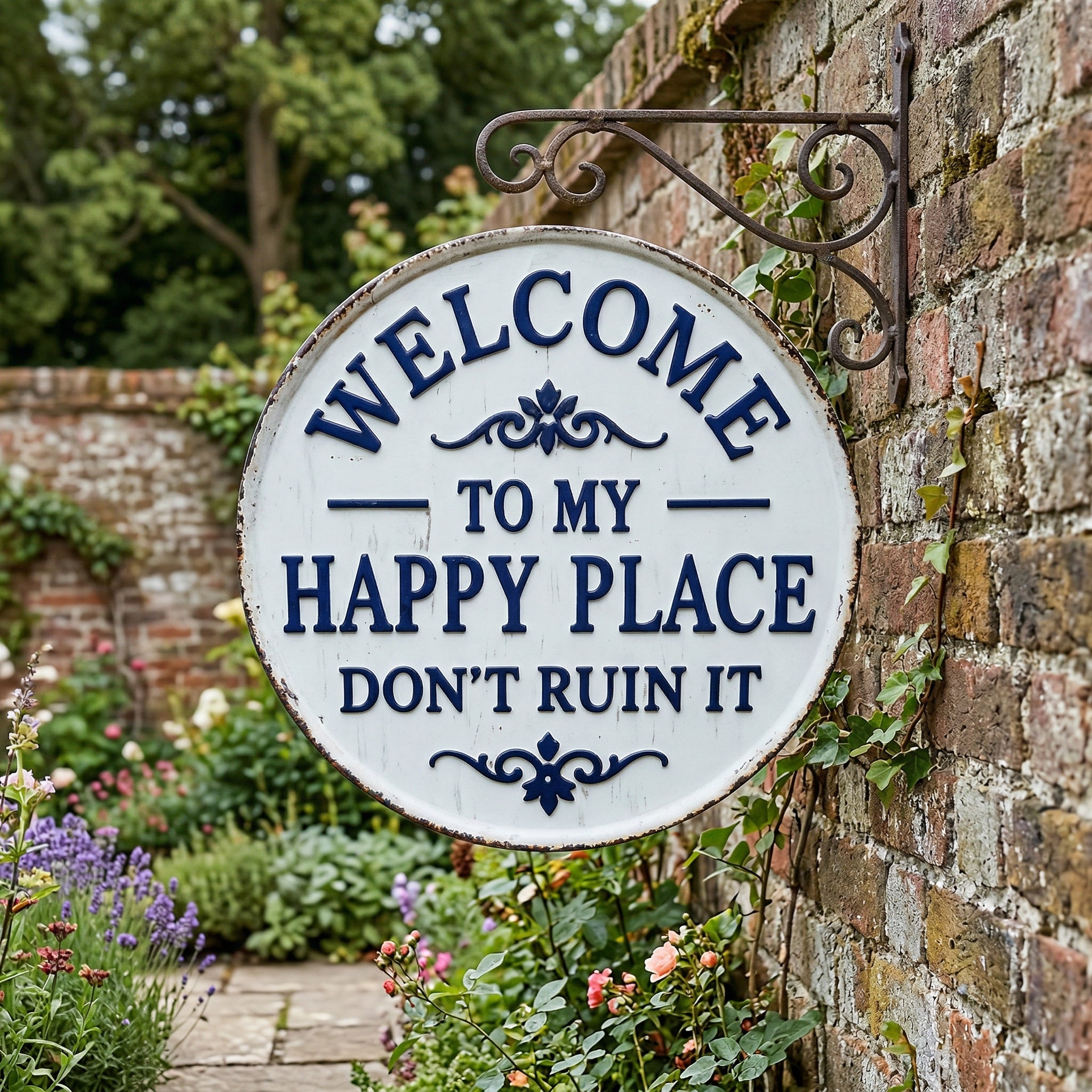 Vintage Round Metal Sign – “Welcome to My Happy Place Don’t Ruin It” Garden Wall Decor