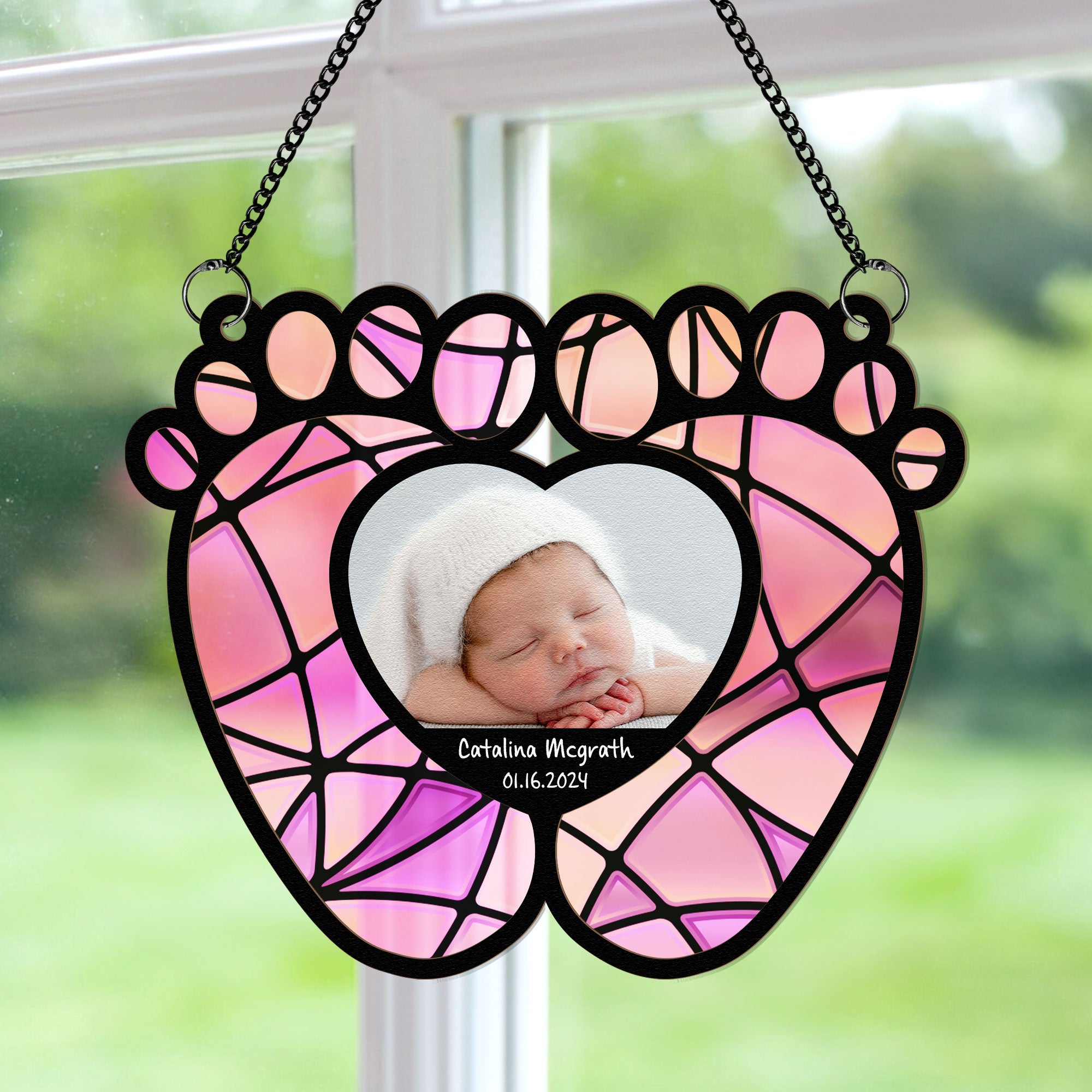 Baby Feet With Love Heart - Personalized Window Hanging Suncatcher Photo Ornament
