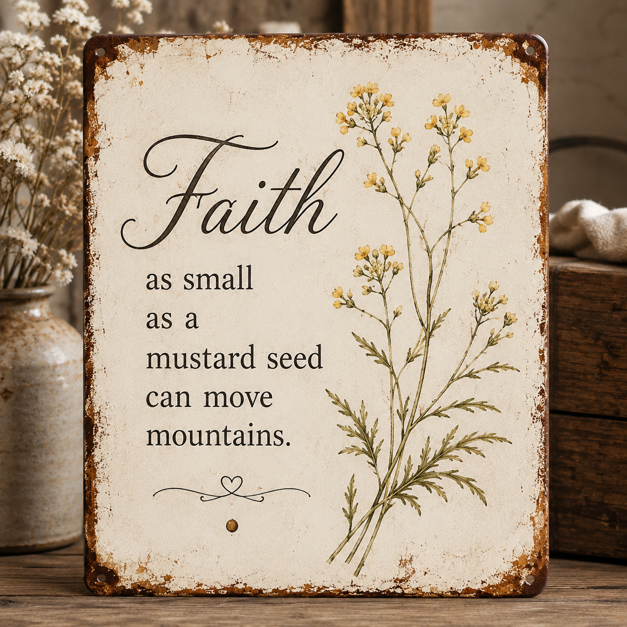 🌿 Faith Mustard Seed Vintage Metal Sign – Rustic Farmhouse Wall Décor