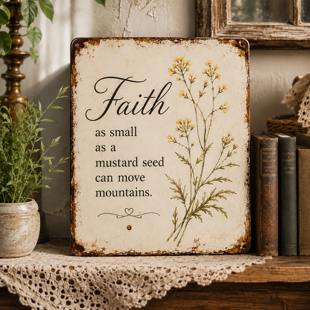🌿 Faith Mustard Seed Vintage Metal Sign – Rustic Farmhouse Wall Décor