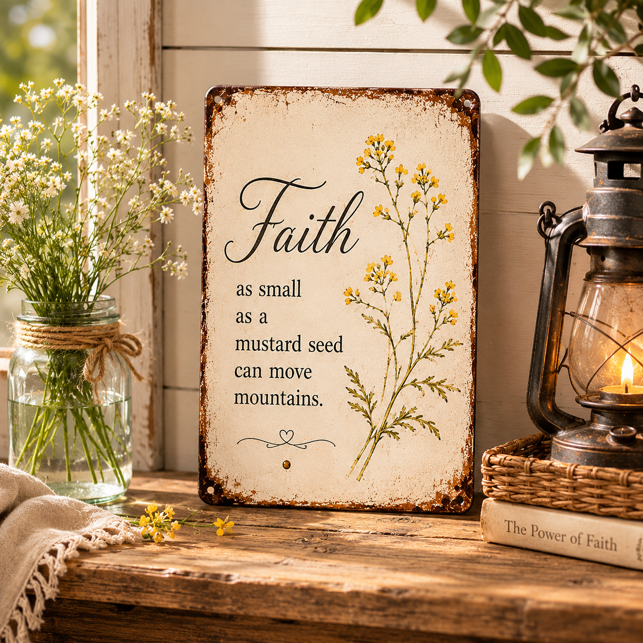 🌿 Faith Mustard Seed Vintage Metal Sign – Rustic Farmhouse Wall Décor