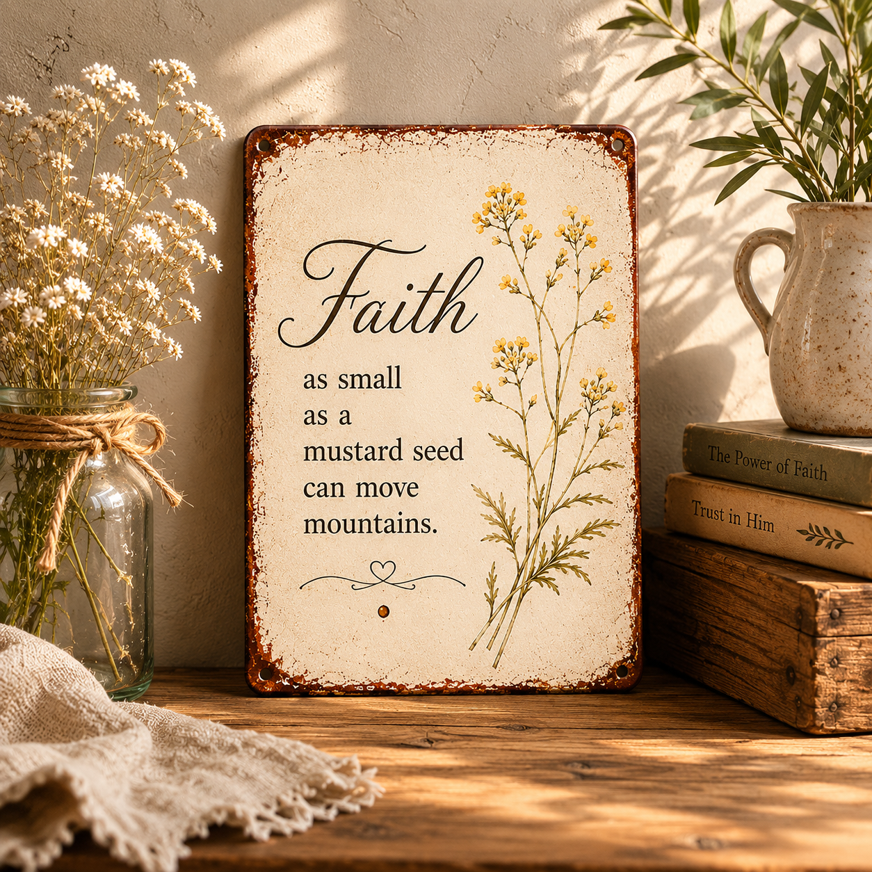 🌿 Faith Mustard Seed Vintage Metal Sign – Rustic Farmhouse Wall Décor