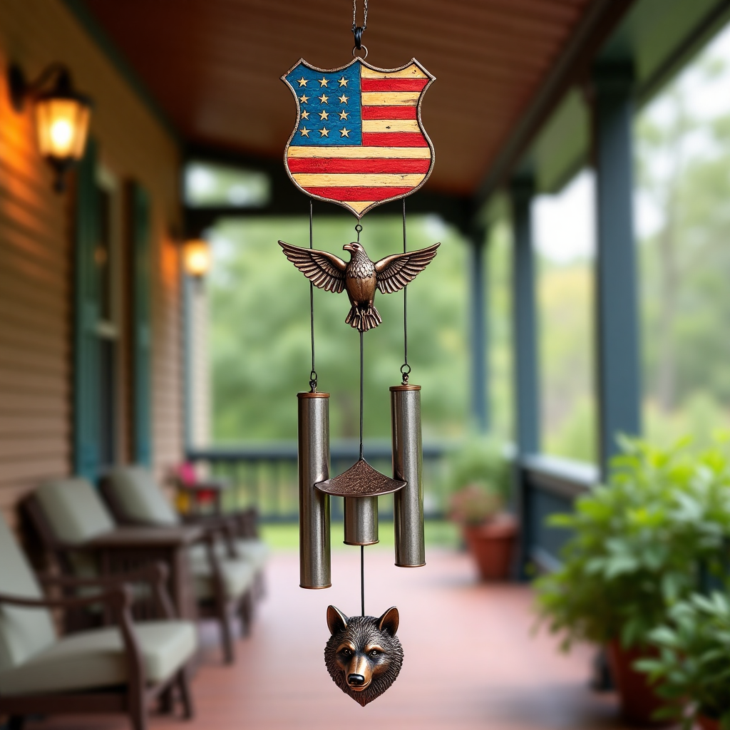 American Flag & Wildlife Patriotic Wind Chime 🦅🐺