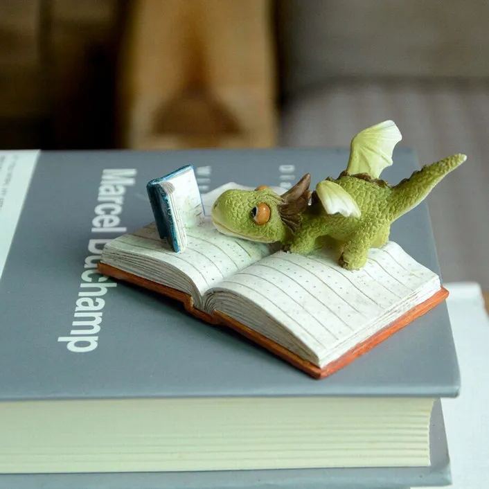 Miniature Green Dragon Reading on Giant Book Figurine