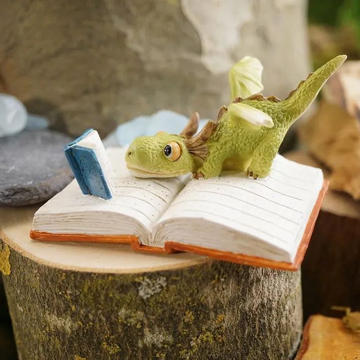 Miniature Green Dragon Reading on Giant Book Figurine