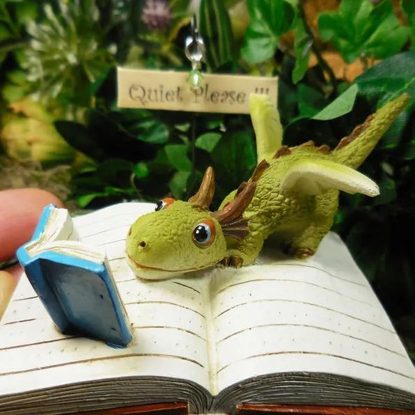 Miniature Green Dragon Reading on Giant Book Figurine