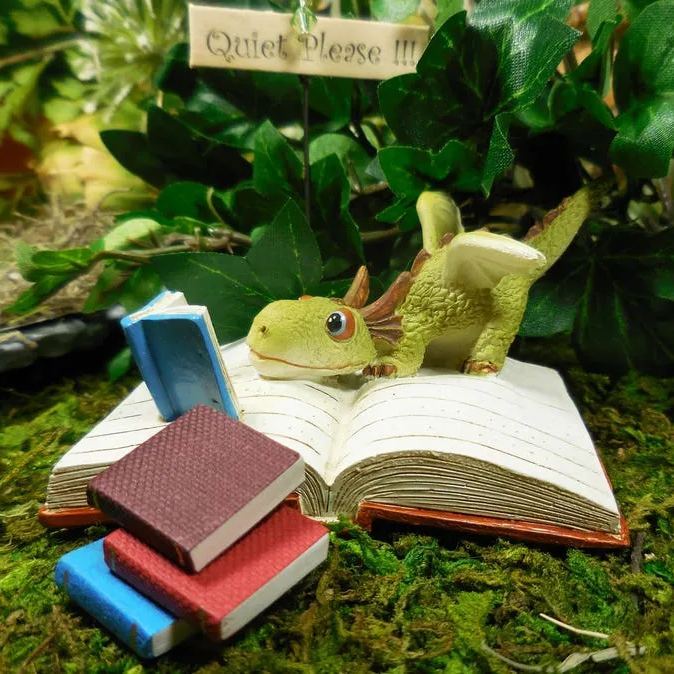 Miniature Green Dragon Reading on Giant Book Figurine