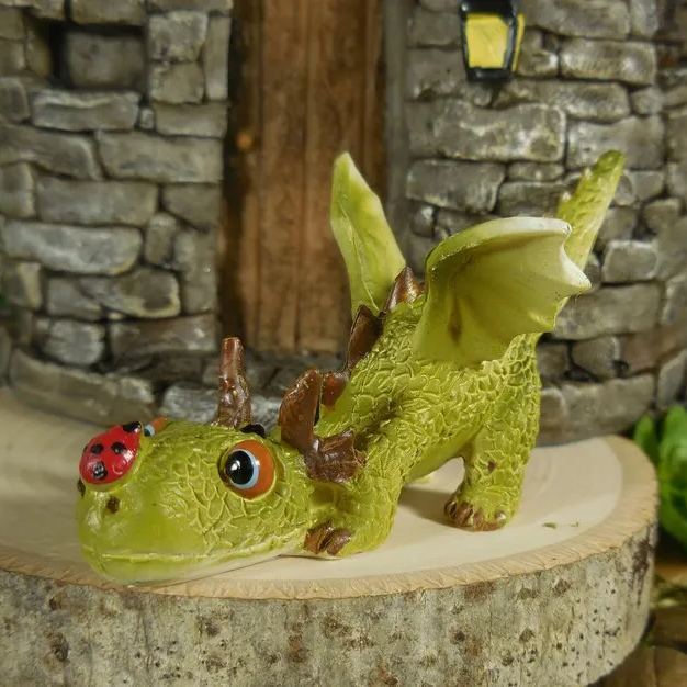 Miniature Green Dragon Reading on Giant Book Figurine