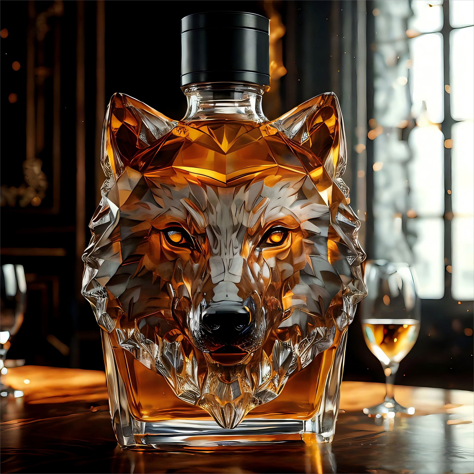 “Howl's Haven: Wolf - Crested Whiskey Bottle”