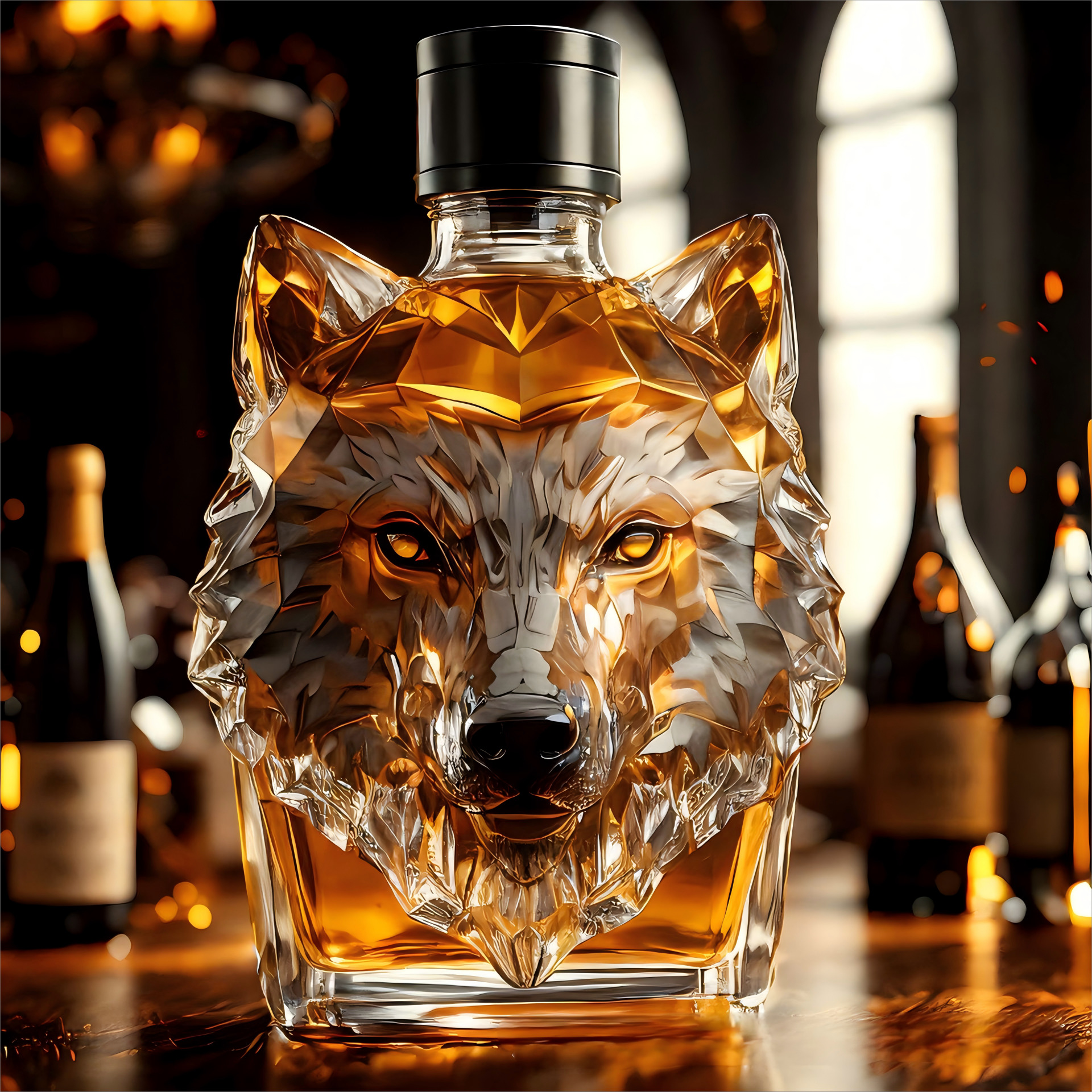 “Howl's Haven: Wolf - Crested Whiskey Bottle”