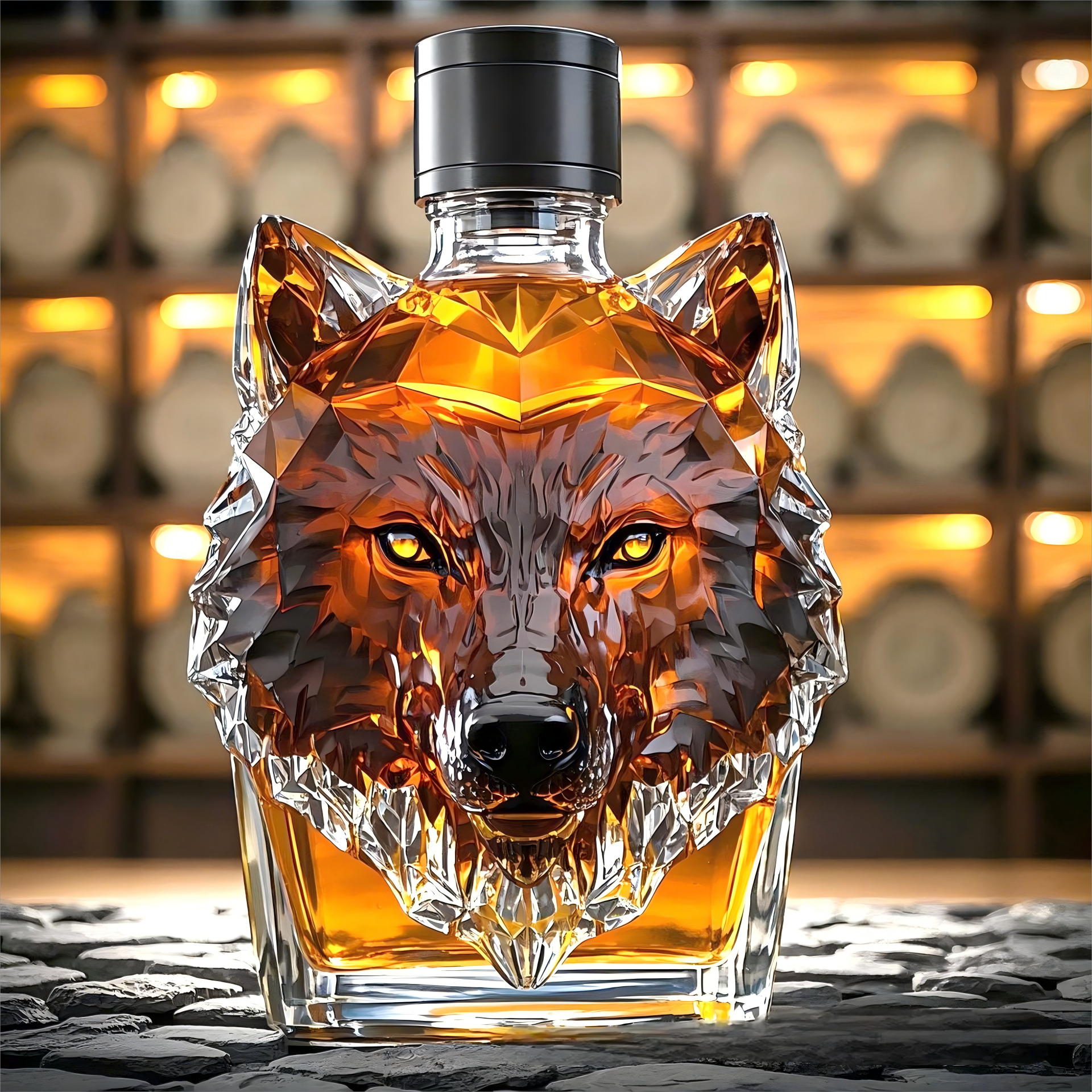 “Howl's Haven: Wolf - Crested Whiskey Bottle”