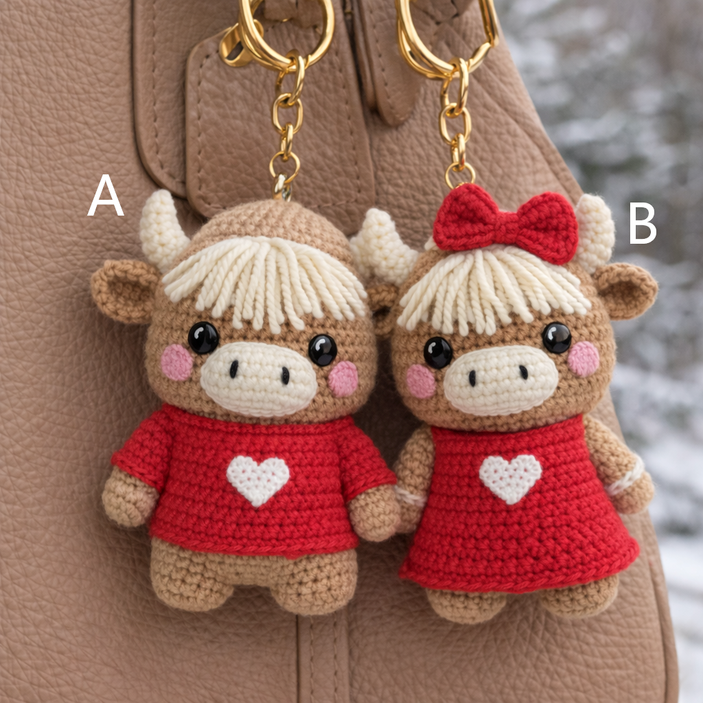 Handmade Highland Cow Couple Keychains - Romantic Crochet Bag Charm