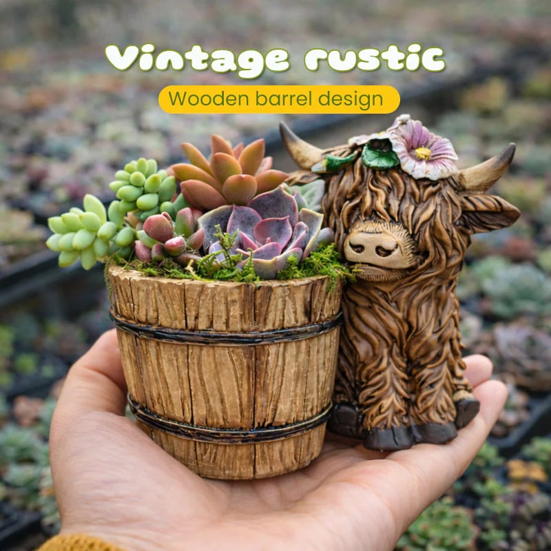 🐮Adorable Highland Cow with Wooden Barrel Planter for Succulents