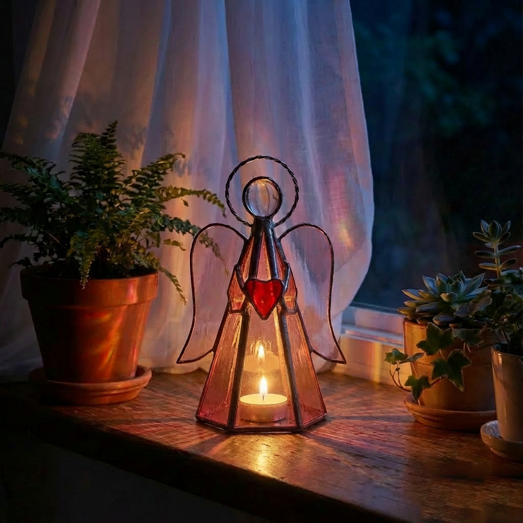 ✨ Guardian Angel Stained Glass Candle Holder – Sunlight by Day, Warm Glow by Night