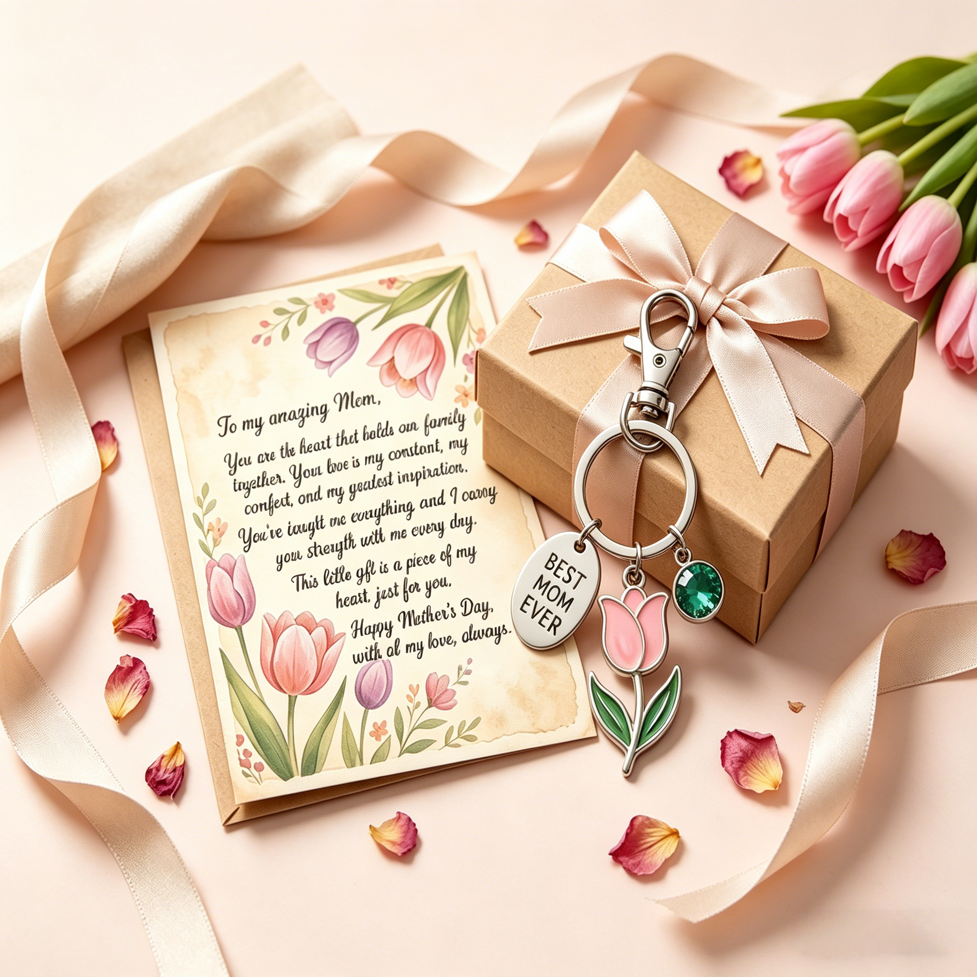 💐 "To My Amazing Mom" Tulip Birthstone Keychain