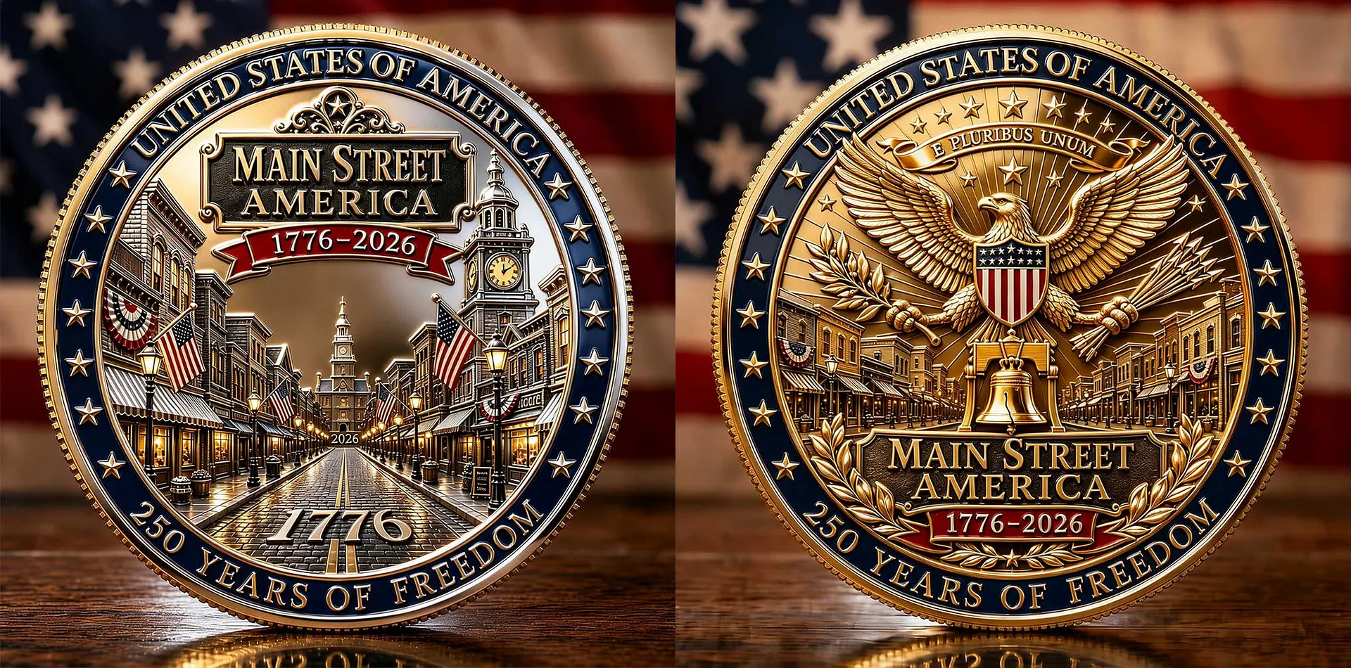 Main Street America 1776–2026 250th Anniversary Commemorative Coin | Double-Sided Patriotic Eagle & Liberty Bell Collectible Coin
