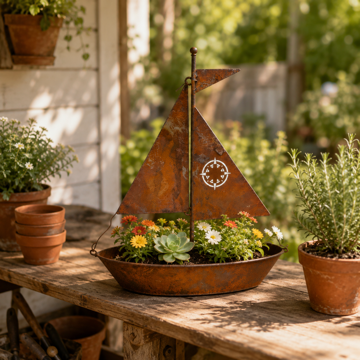 Rustic Sailboat Metal Planter
