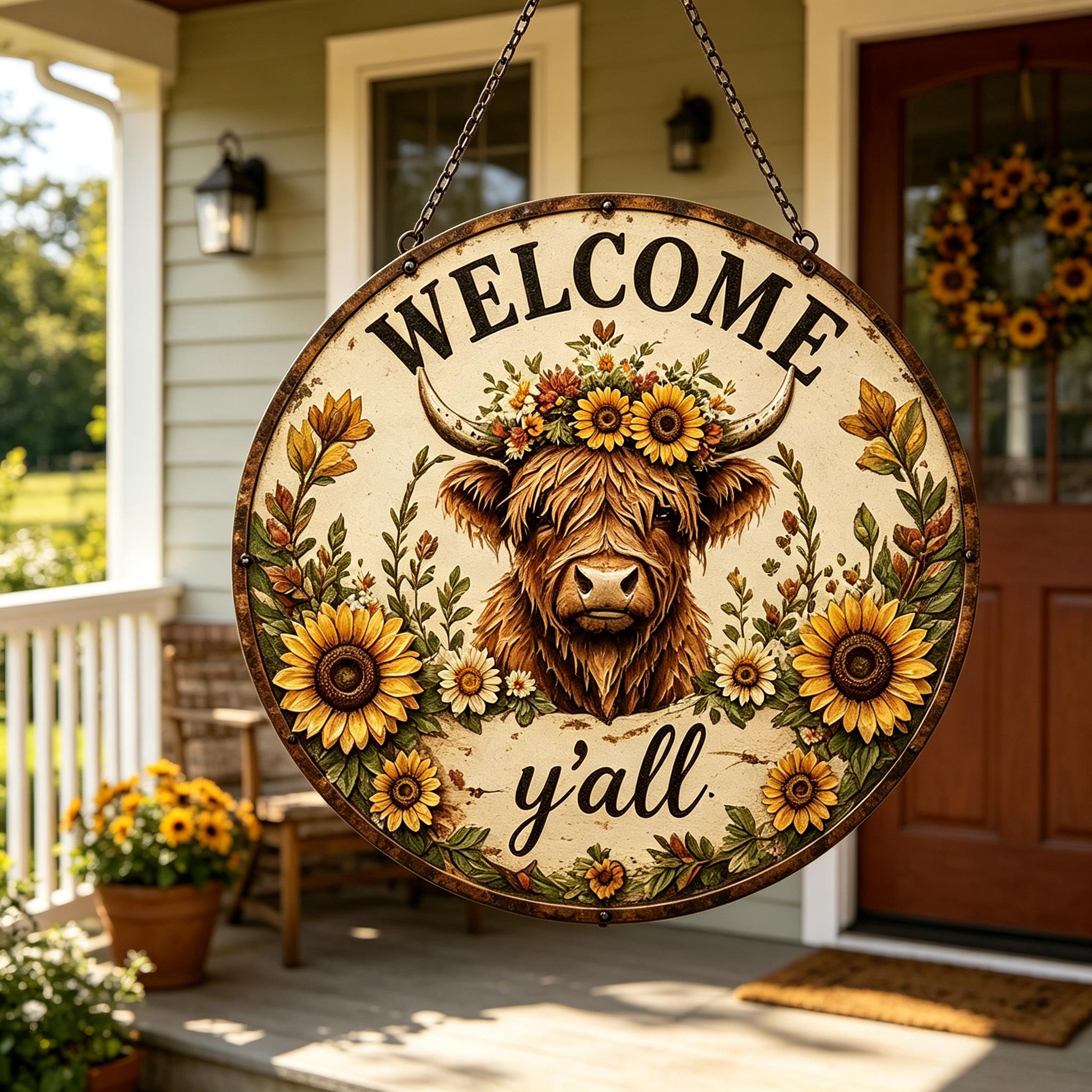 🌻 Highland Cow Sunflower Metal Welcome Sign​