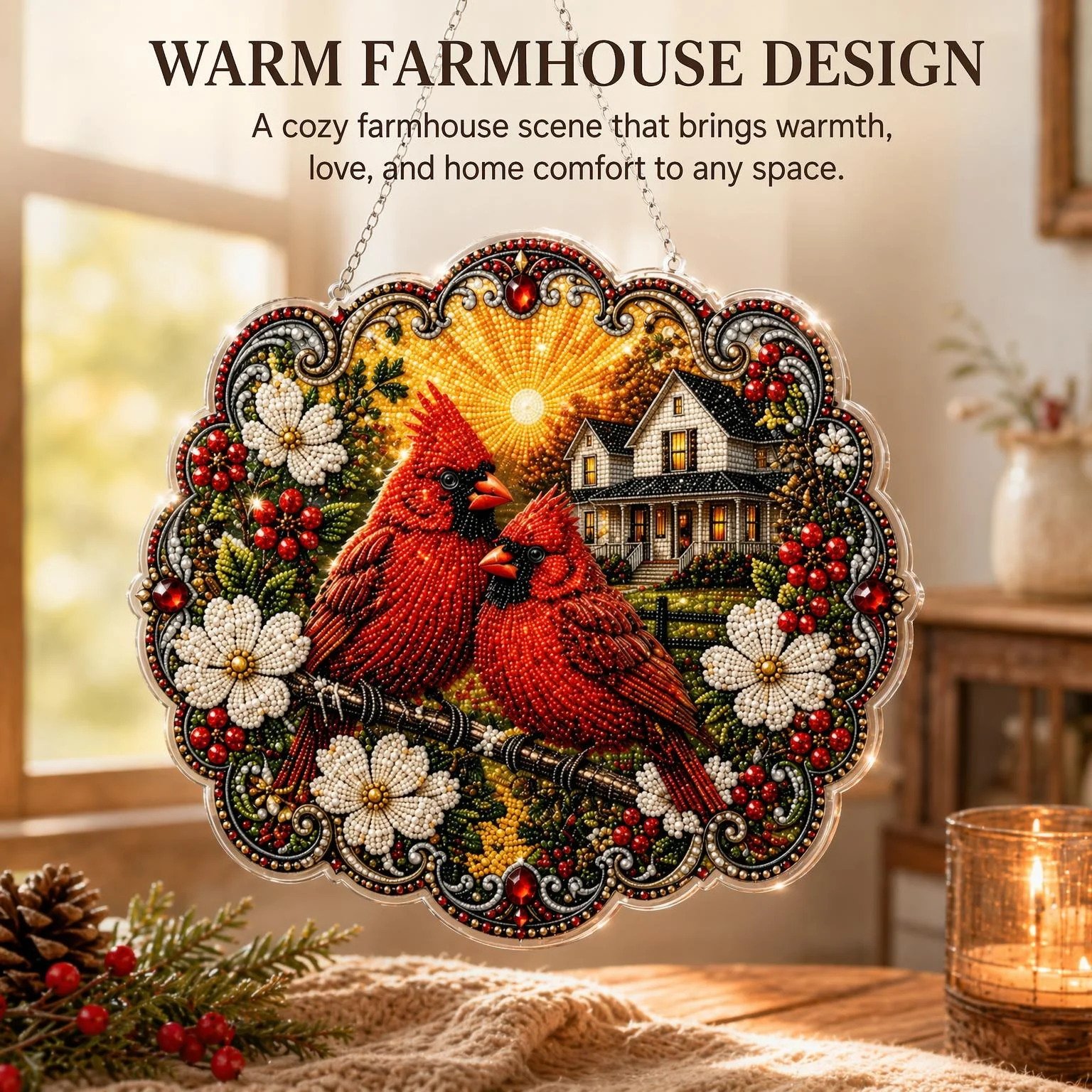 🐦Cardinals & Sunrise Diamond Art Hanging Ornament Kit
