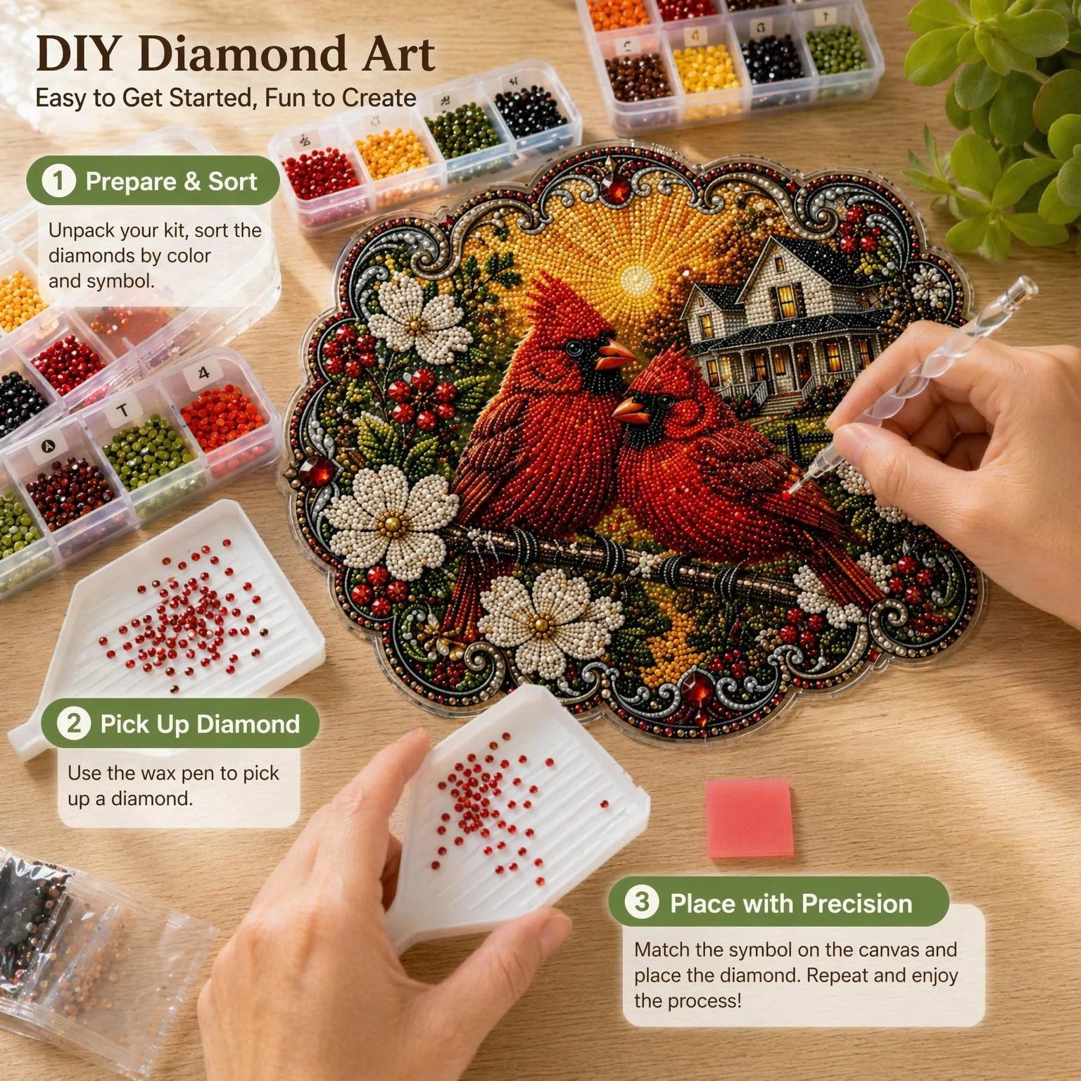 🐦Cardinals & Sunrise Diamond Art Hanging Ornament Kit