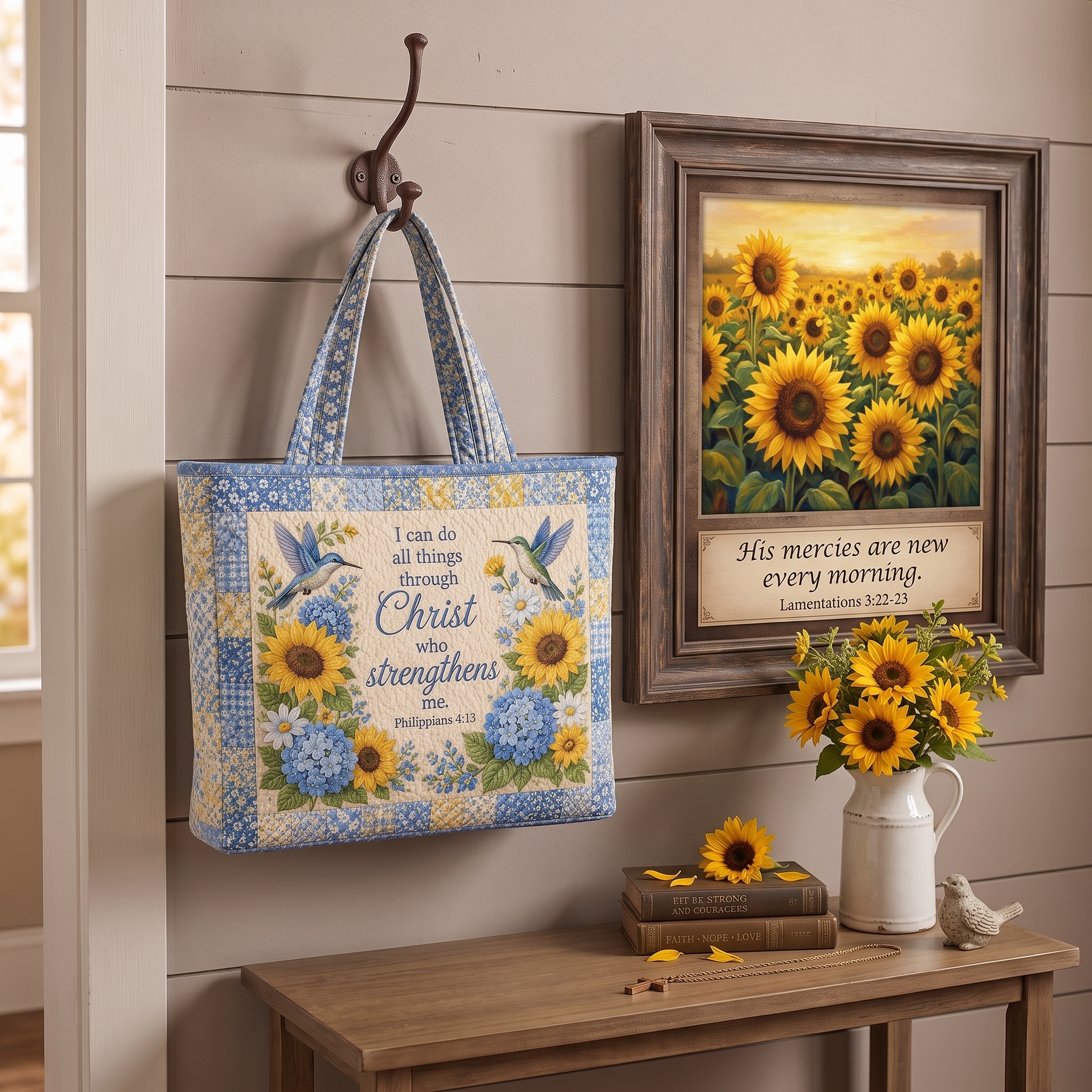 Sunflower Hummingbird Scripture Quilted Tote Bag