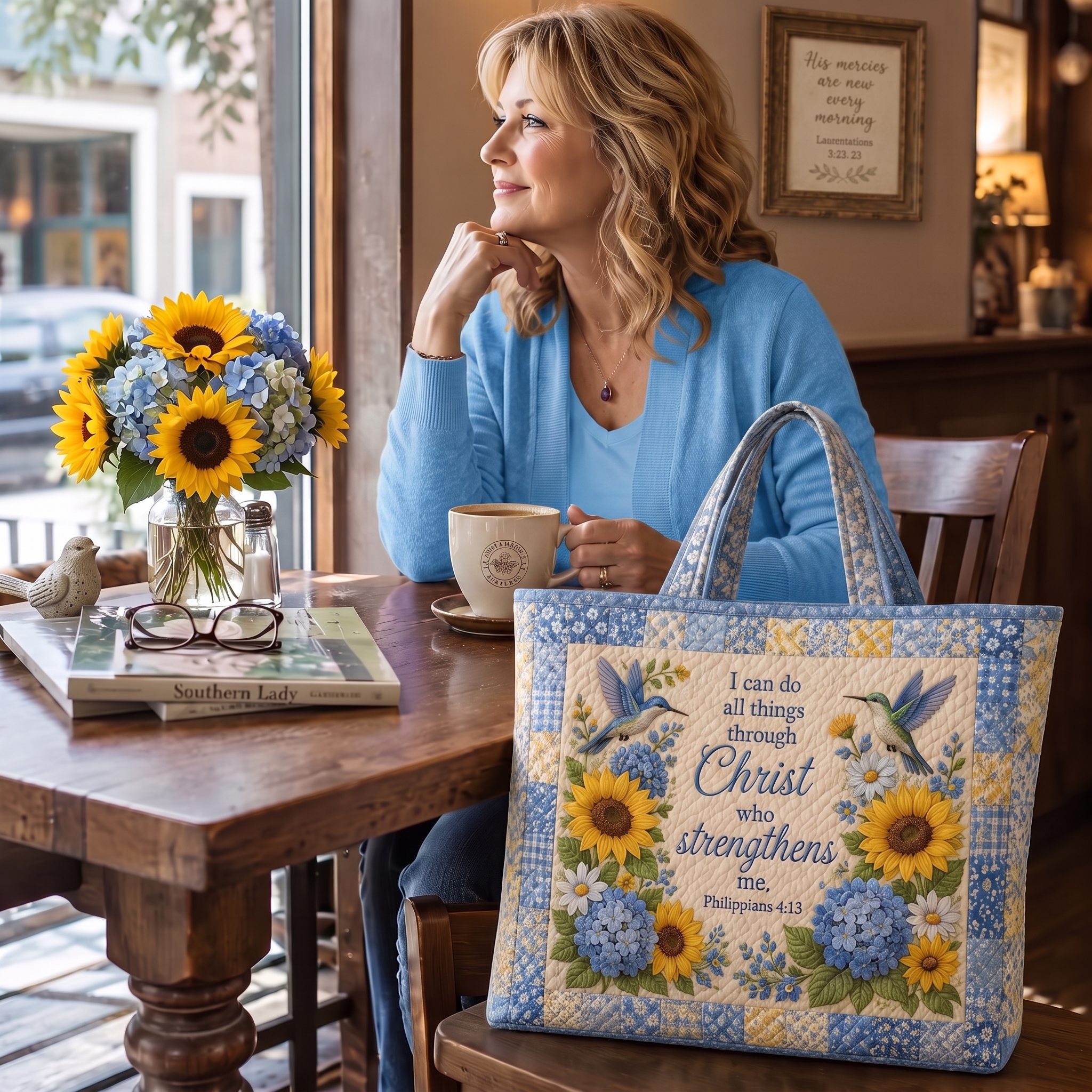 Sunflower Hummingbird Scripture Quilted Tote Bag