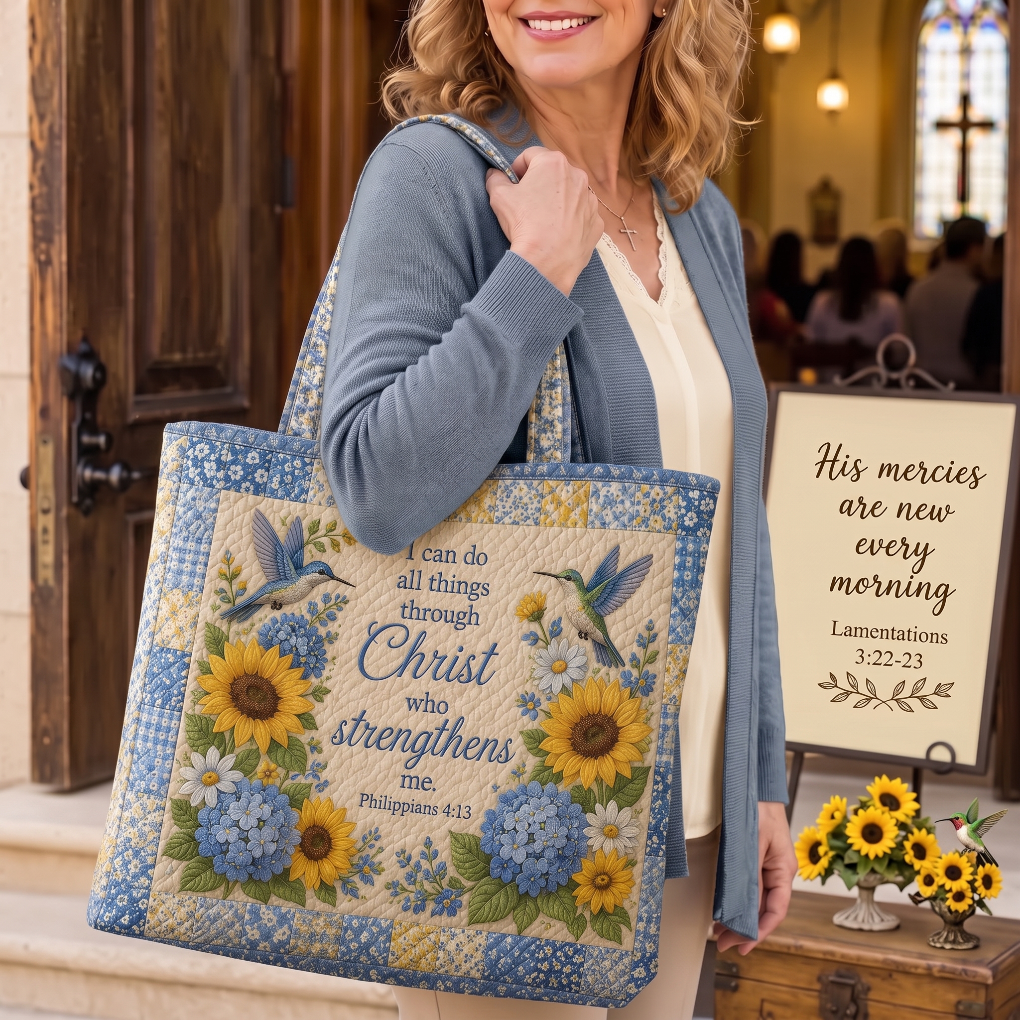 Sunflower Hummingbird Scripture Quilted Tote Bag