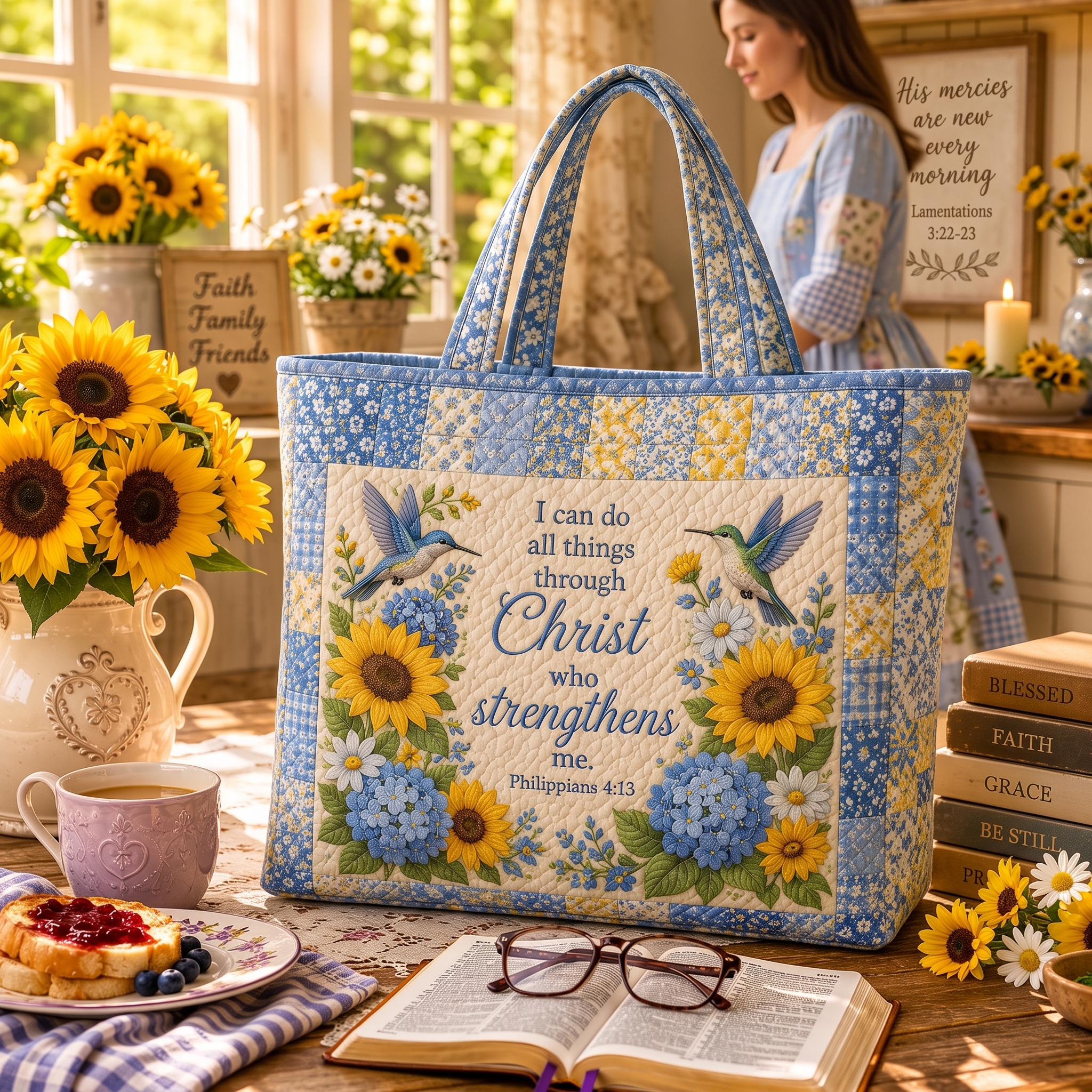 Sunflower Hummingbird Scripture Quilted Tote Bag