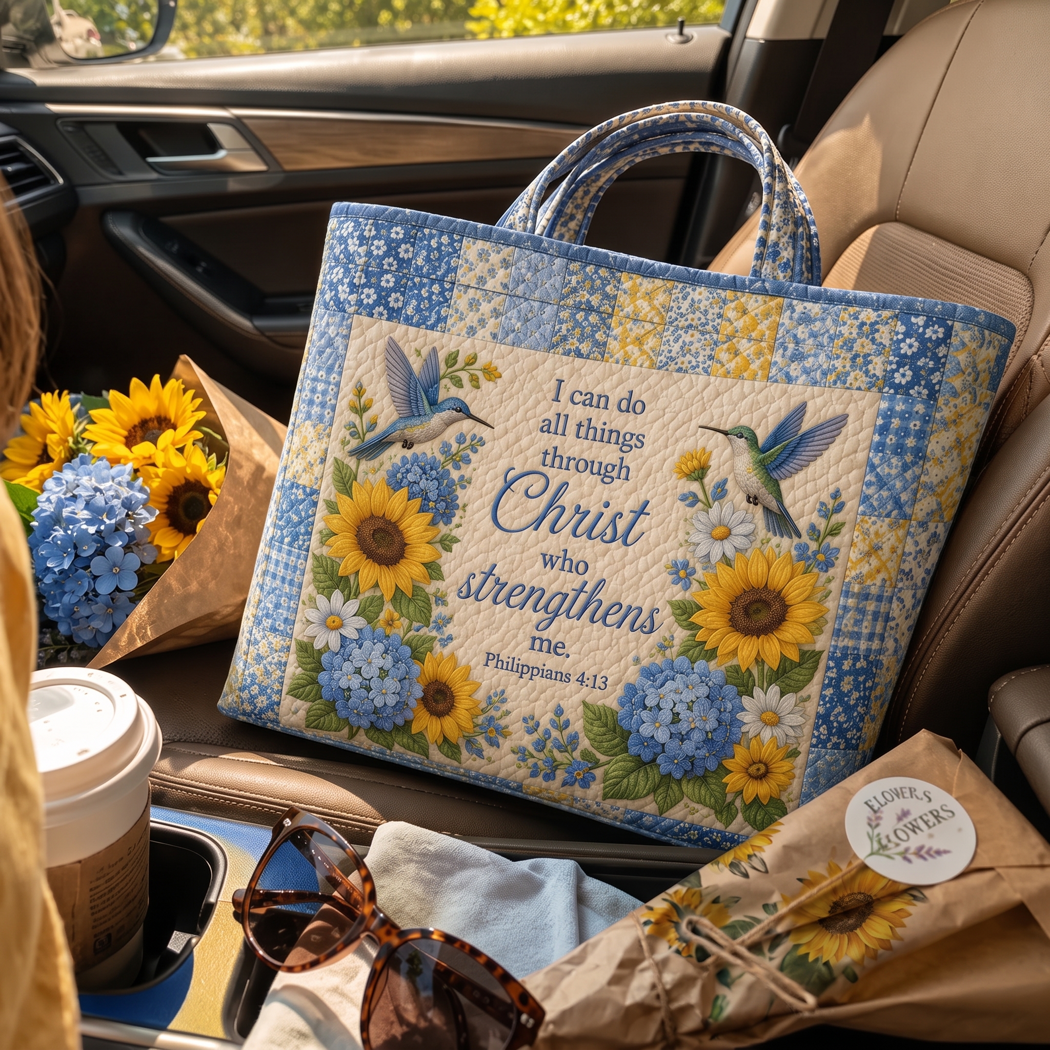 Sunflower Hummingbird Scripture Quilted Tote Bag