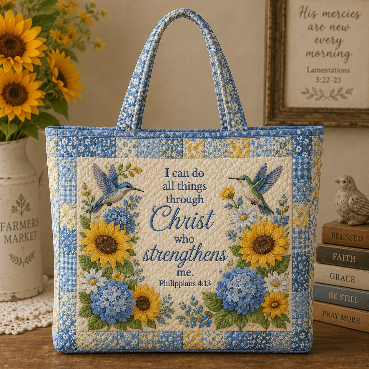 Sunflower Hummingbird Scripture Quilted Tote Bag