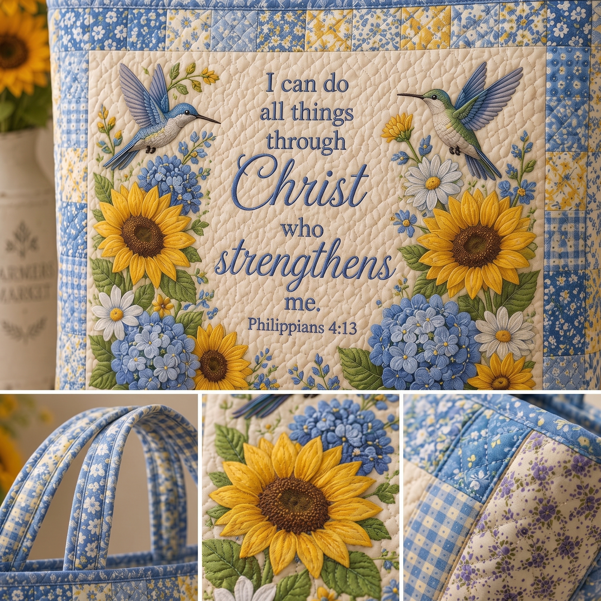 Sunflower Hummingbird Scripture Quilted Tote Bag