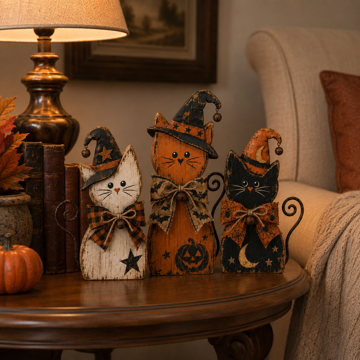 Vintage Halloween Witch Cat Decor Set