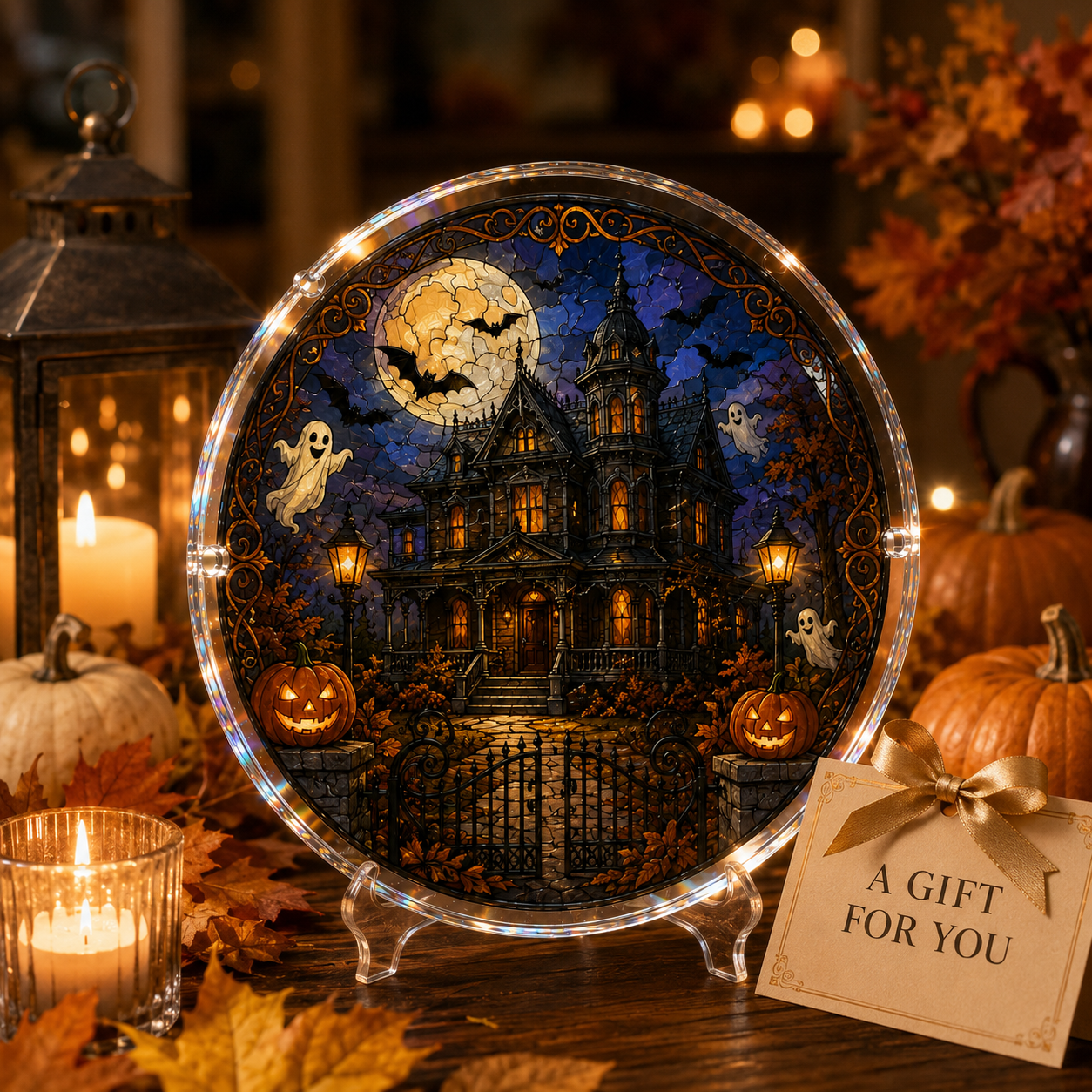 👻👻Halloween Acrylic Jigsaw Puzzle Suncatcher - Gothic Haunted House & Moon