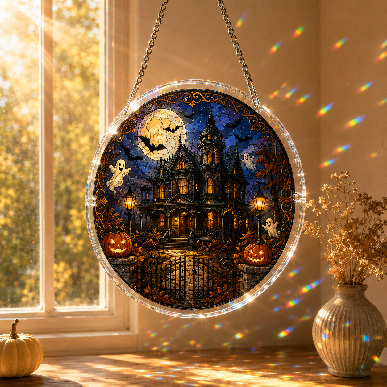 👻👻Halloween Acrylic Jigsaw Puzzle Suncatcher - Gothic Haunted House & Moon