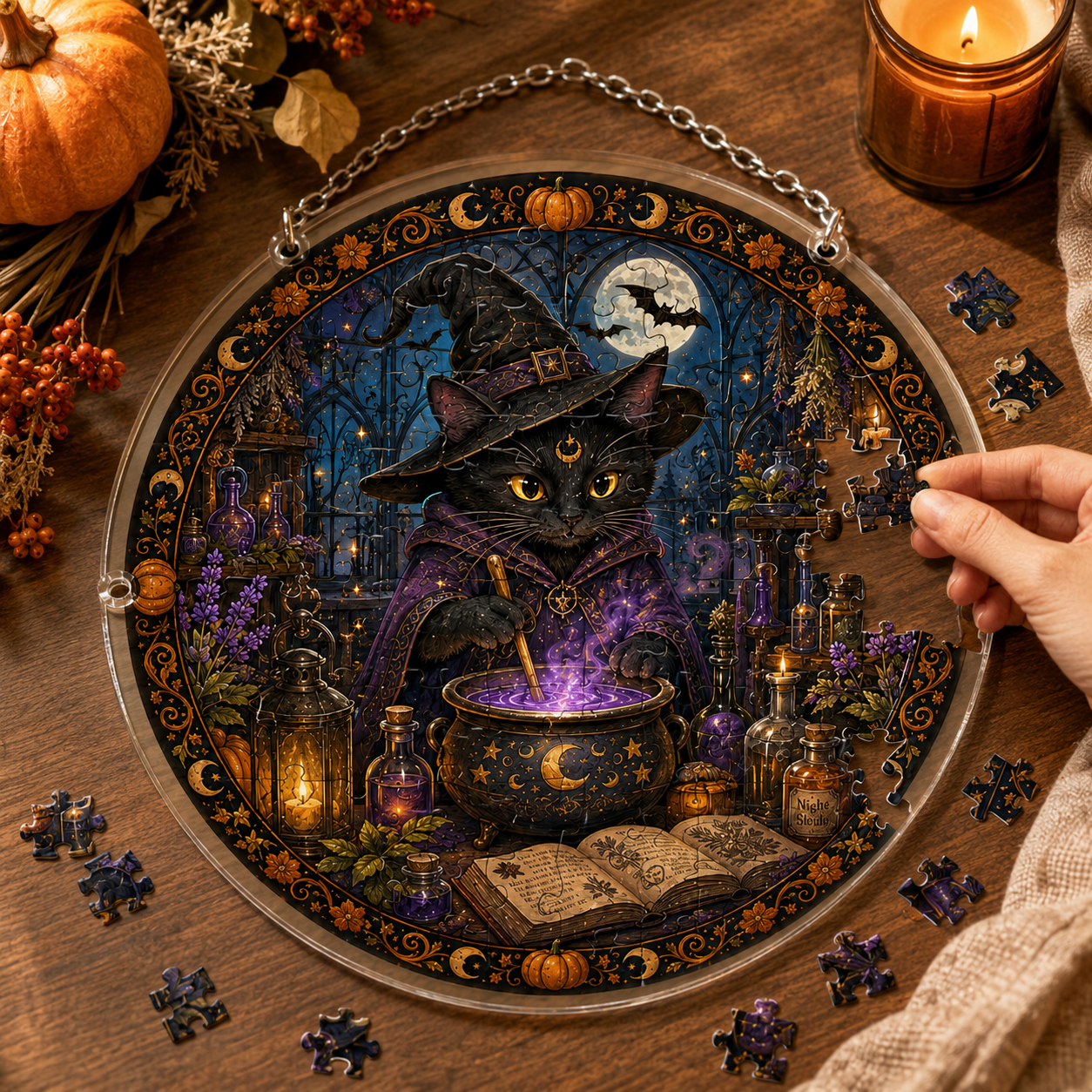 👻👻Halloween Acrylic Jigsaw Puzzle Suncatcher - Gothic Haunted House & Moon