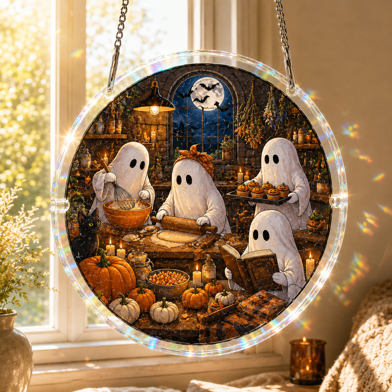 👻👻Halloween Acrylic Jigsaw Puzzle Suncatcher - Gothic Haunted House & Moon