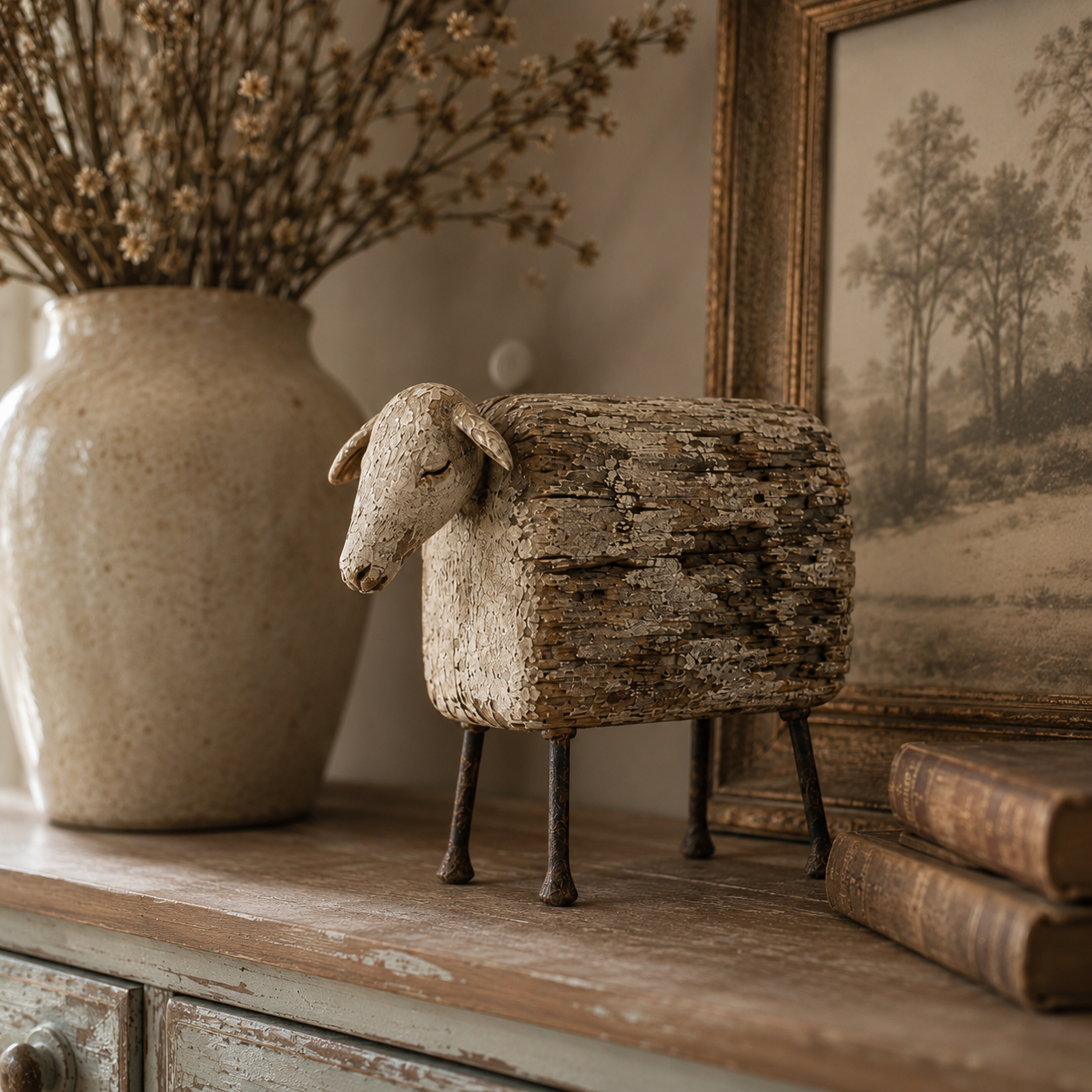 Vintage Distressed Sheep Sculpture