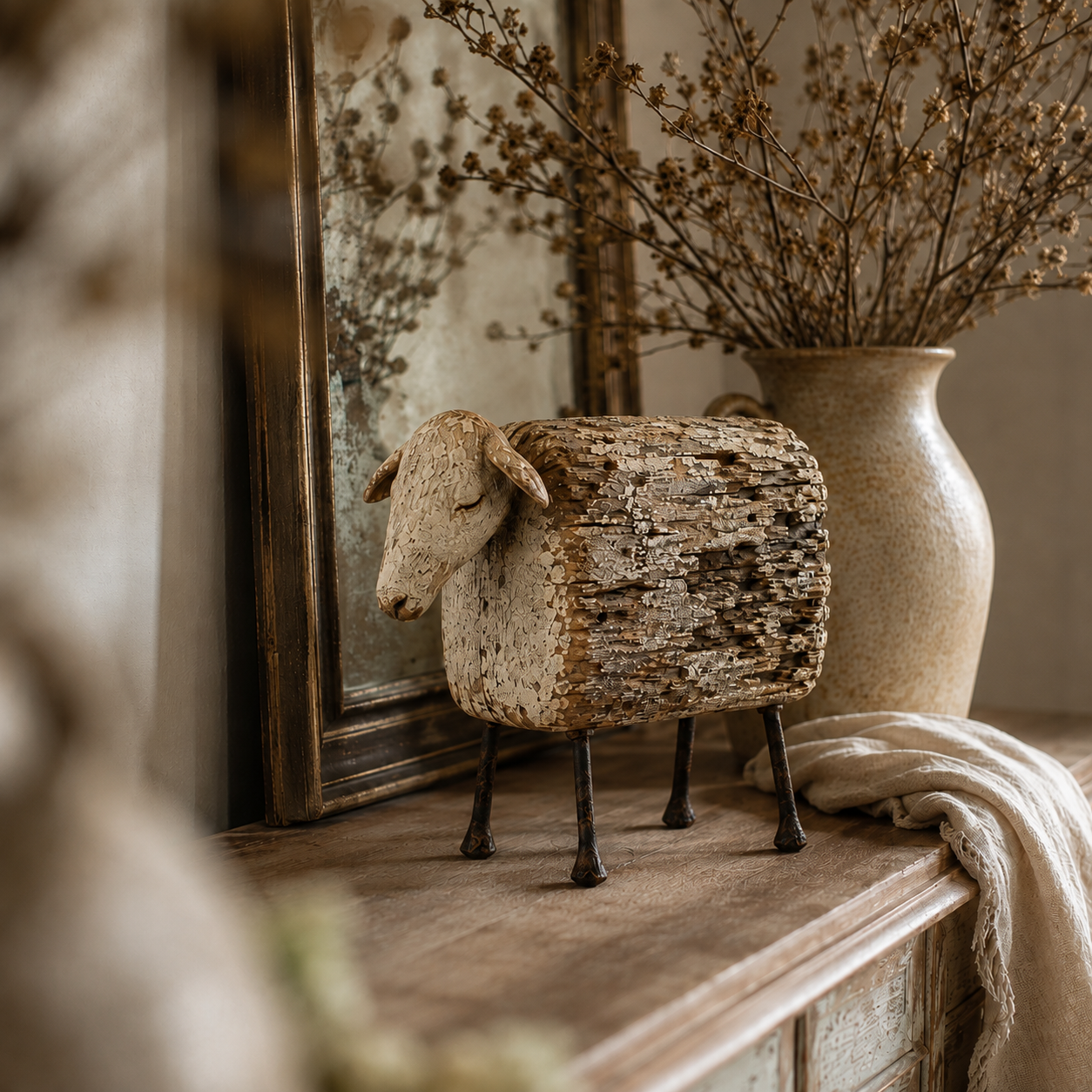 Vintage Distressed Sheep Sculpture
