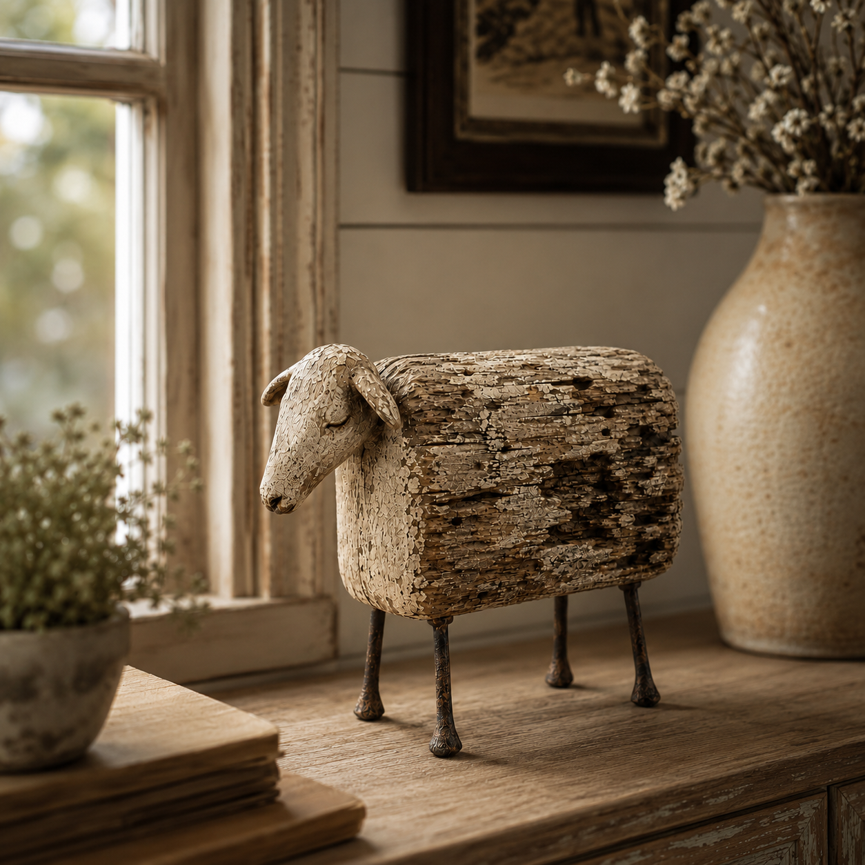 Vintage Distressed Sheep Sculpture