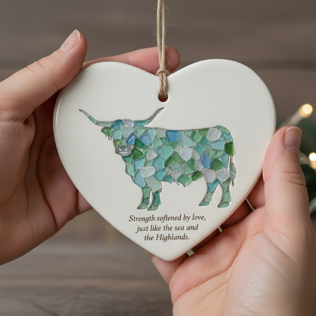 Sea Glass Highland Cow Heart Ornament