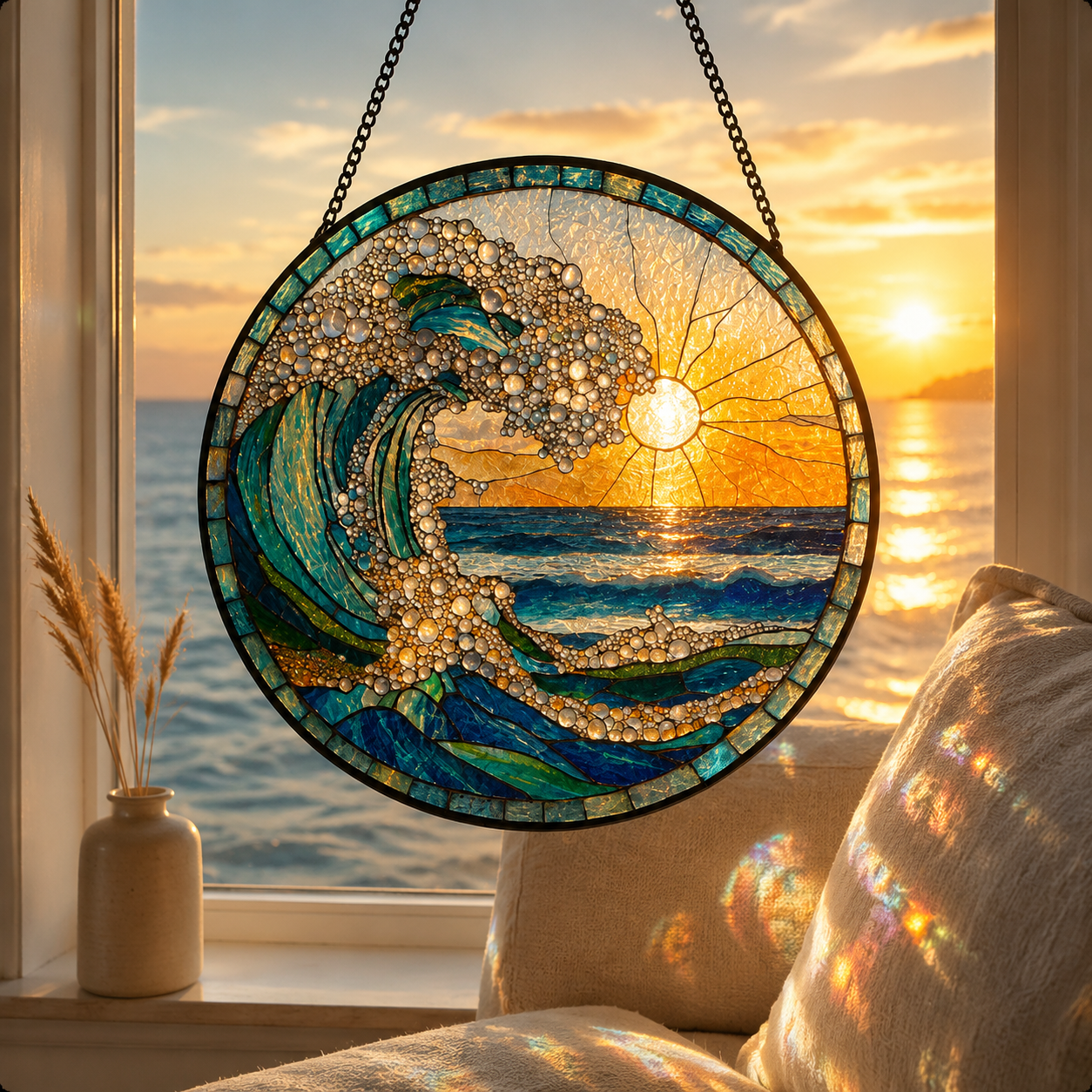Ocean Wave Sunrise Round Glass Suncatcher