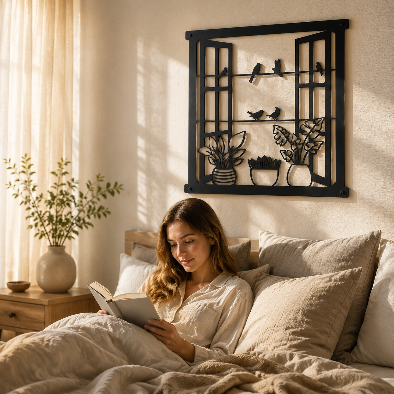 Bird & Plant Window Frame Metal Wall Art—Wall Decor 