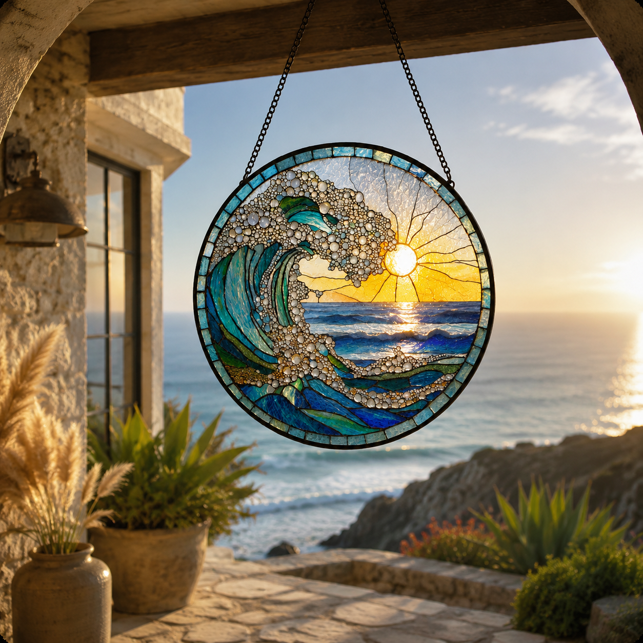 Ocean Wave Sunrise Round Glass Suncatcher